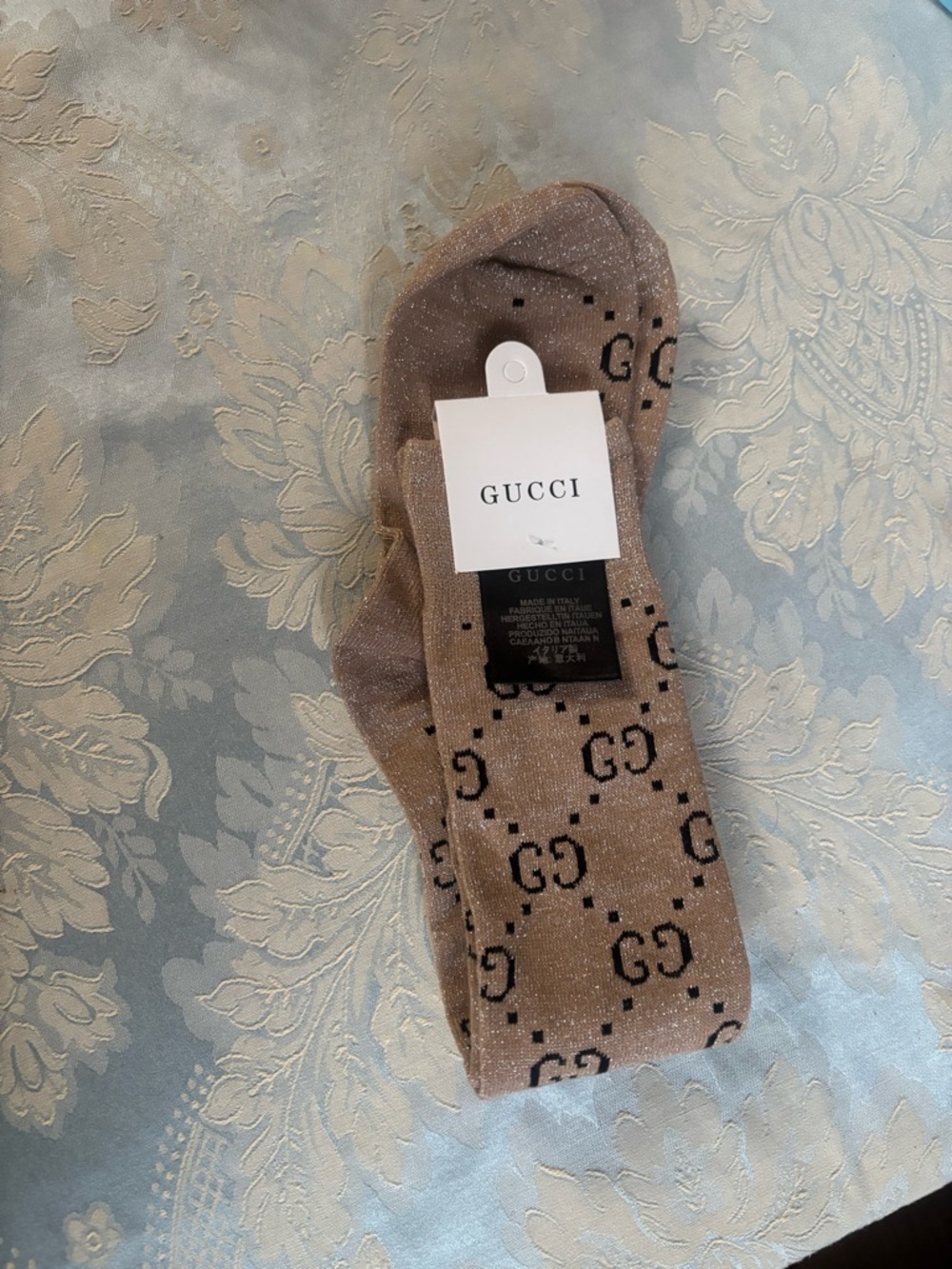 Gucci Brown Beige  Sparkle Logo Crew Socks